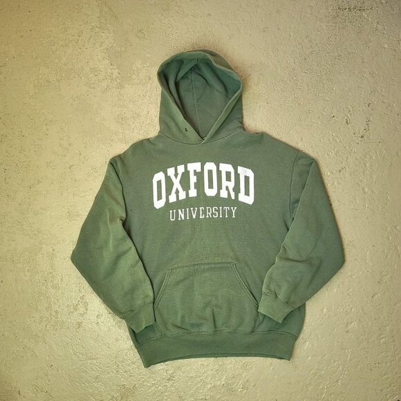 Vintage 'Fruit of the loom' Oxford University faded/ distressed green hoodie L - Picture 1 of 3